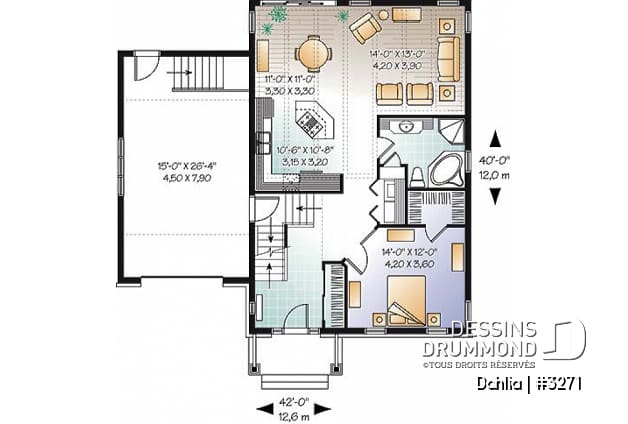 Rez-de-chaussée - Plan de bungalow champêtre avec garage, 1 à 2 chambres, espace ouvert, îlot, superbe fenestration - Dahlia