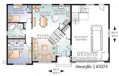 Rez-de-chaussée - Plan de maison 2 à 4 chambres, style Cap Cod, garage double, espace boni aménageable - Amaryllis 