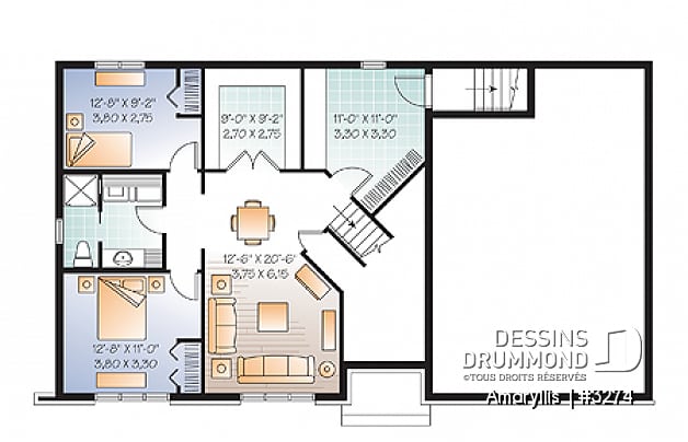 Sous-sol - Plan de maison 2 à 4 chambres, style Cap Cod, garage double, espace boni aménageable - Amaryllis 