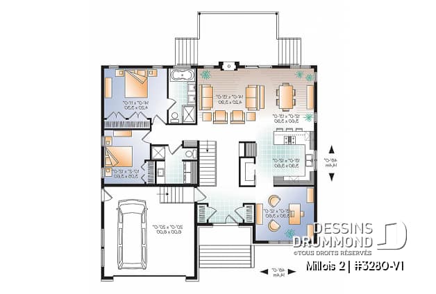 Rez-de-chaussée - Plan de maison contemporaine, 2- 3 chambres, 2 s. bain, bureau, garde-manger, garage double - Millois 2