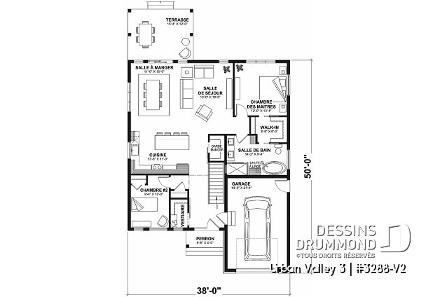 Rez-de-chaussée - Plan de maison nordique 2 chambres, avec garage, garde-manger, vestiaire, chute à linge - Urban Valley 3