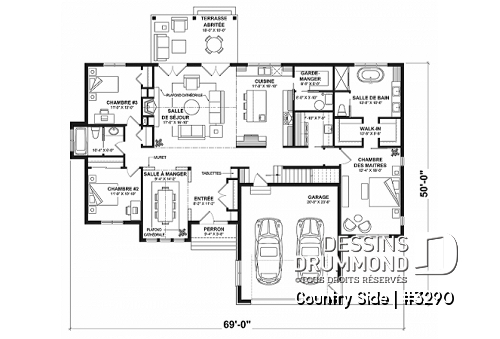 Rez-de-chaussée - Plain-pied 3 chambres, 2 salles de bain, plafond 9' + cathédral, garde-manger, garage double, buanderie - Country Side