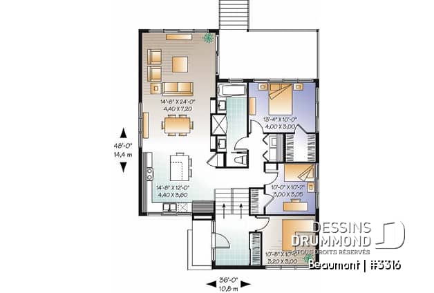 Rez-de-chaussée - Plan d'un plain-pied moderne cubique avec bureau à domicile et 2 chambres et grande terrasse abritée - Beaumont
