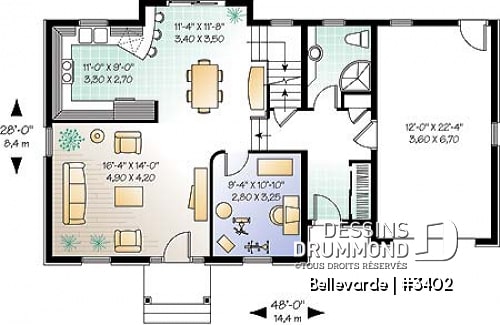 Rez-de-chaussée - Plan de maison 3 chambres + bureau, garage, grenier aménageable, brique sur 3 façades - Bellevarde