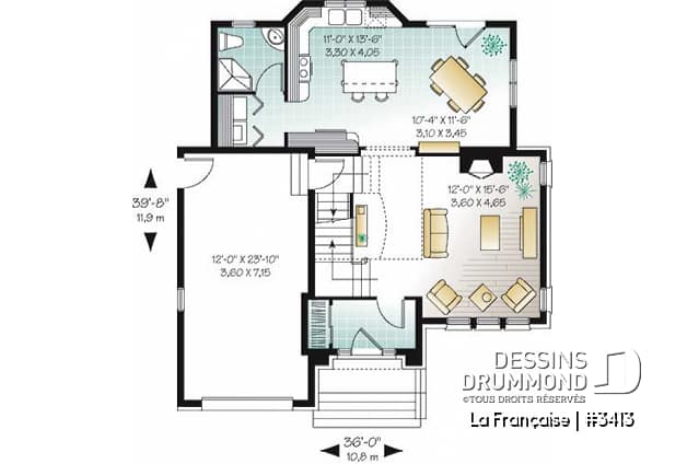 Rez-de-chaussée - Plan de maison avec grande cuisine, îlot, foyer et plafond 18' au séjour, espace boni, 3 chambres - La Française
