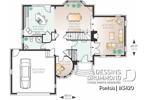 Rez-de-chaussée - Plan de maison avec grande chambre des parents, 3 chambres, buanderie à l'étage, bureau, grand séjour, foyer - Pontois