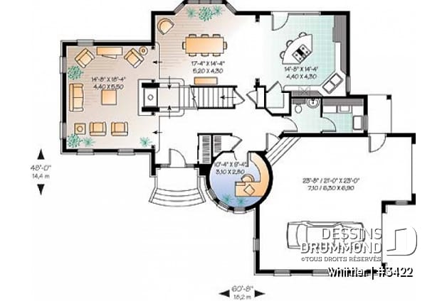 Rez-de-chaussée - Plan de manoir style Européen, 3 chambres, plafond 12' au séjour, cuisine avec îlot, bureau, garage double - Whittier