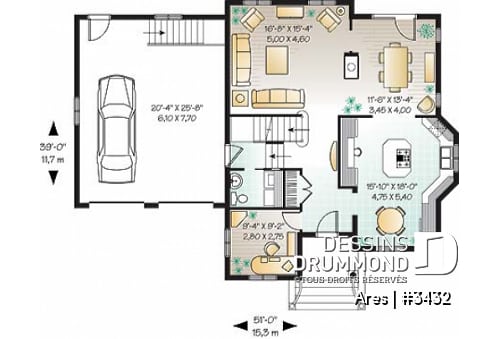 Rez-de-chaussée - Plan de maison à étage, 3 chambres, 1 grande pièce bonus (chambre #4), garage double, bureau, foyer double - Ares