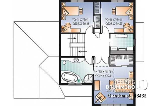 Étage - Plan maison champêtre, 3 chambres, garage, salon en contrebas, salle lavage à l'étage - Chandonnet