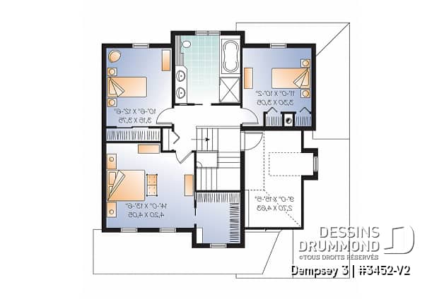 Étage - 2 étages, plan de maison champêtre avec pierres, cuisine / séjour à aire ouverte, 3 grandes chambres, garage - Dempsey 3