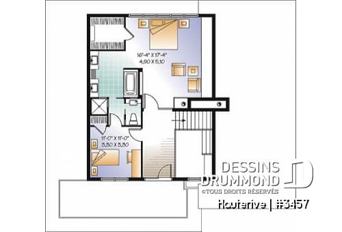 Étage - Plan maison moderne 4 chambres, cuisine spacieuse, îlot central, grande salle de séjour, bureau, terrasse - Hauterive