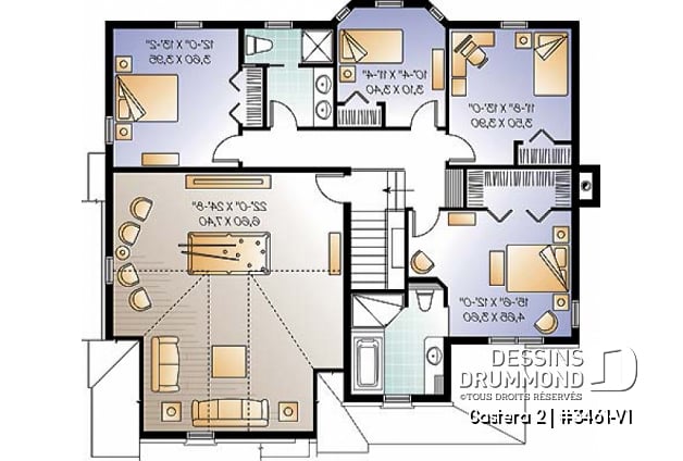 Étage - Plan de maison avec 4 chambres sur même plancher, salon & salle familiale, bureau à domicile, garage double - Castera 2
