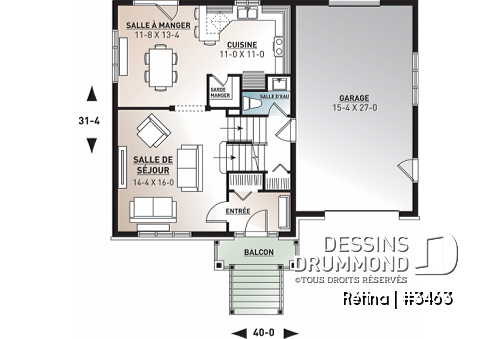 Rez-de-chaussée - Superbe plan maison champêtre 4 chambres, 3 salles de bain, une salle familiale à l'étage et garage - Chelsea