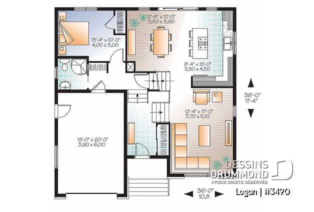 Rez-de-chaussée - Plan de modèle contemporain, split-level, 3 chambres de bon format, grande cuisine avec îlot et garage - Logan