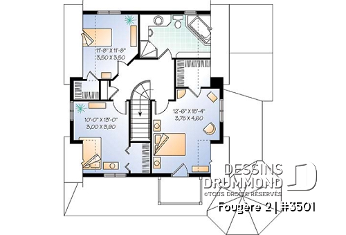 Étage - Plan de maison champêtre, 3 chambres, cuisine à la façon campagne, balcon à l'étage - Fougère 2
