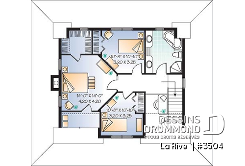 Étage -  Plan de maison champêtre, bord de lac, 3 chambres, coin bureau, foyer double face - La Rive 