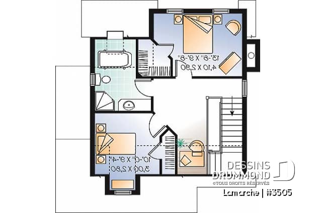 Étage - Plan de maison de style transitionnel avec influence du style Scandinave, 2 chambres, galerie couverte, foyer - Lamarche