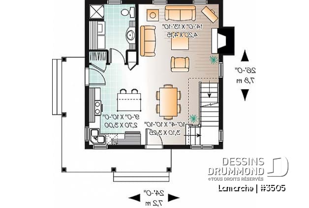Rez-de-chaussée - Plan de maison de style transitionnel avec influence du style Scandinave, 2 chambres, galerie couverte, foyer - Lamarche