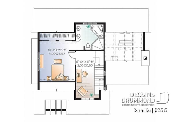 Étage - Plan de maison 3 chambres, plafond cathédral et poutres exposées, plancher à aire ouverte, style Cape Cod - Cornelia