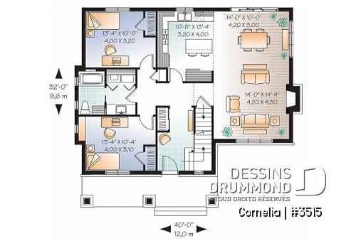 Rez-de-chaussée - Plan de maison 3 chambres, plafond cathédral et poutres exposées, plancher à aire ouverte, style Cape Cod - Cornelia