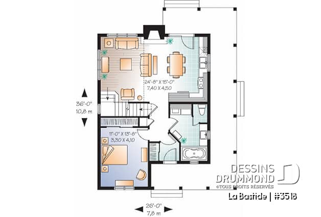 Rez-de-chaussée - Plan de maison champêtre, 3 chambres, balcon couvert sur 3 faces, foyer, mezzanine, parents au premier - La Bastide