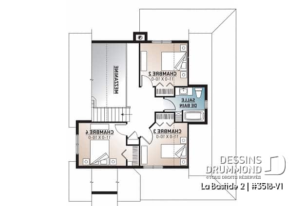 Étage - Plan de maison style fermette, 4 chambres, 2 salles de bain, superbe secteur cuisine et salon avec foyer - La Bastide 2
