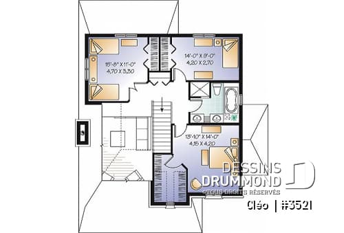 Étage - Plan de maison avec mezzanine, style manoir, 3 chambres, bureau à domicile - Cléo 