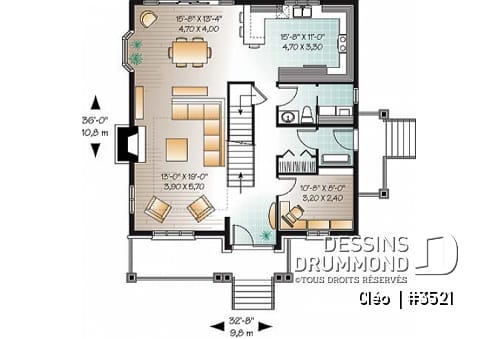 Rez-de-chaussée - Plan de maison avec mezzanine, style manoir, 3 chambres, bureau à domicile - Cléo 