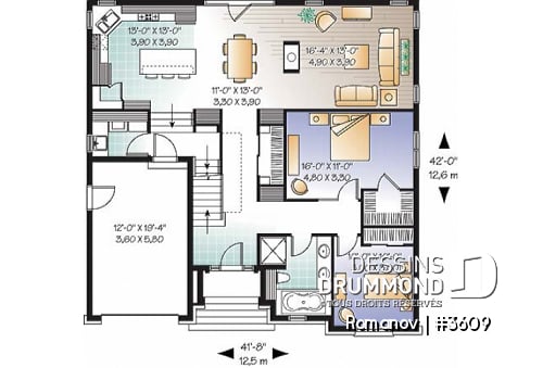 Rez-de-chaussée - Plan de maison style européen, 3 chambres, garage, 2 salons, garde-manger, foyer 2 faces, aire ouverte - Romanov