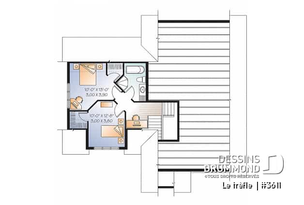 Étage - Plan de maison à étage, garage double, 3 chambres, plafond à 9 pieds, garage double, chambre parents au rdc - Le trèfle 