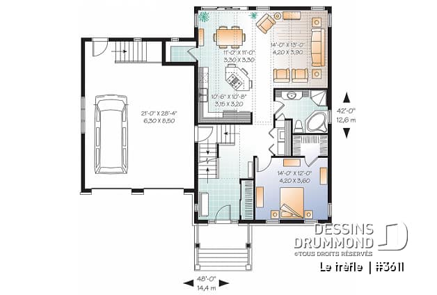 Rez-de-chaussée - Plan de maison à étage, garage double, 3 chambres, plafond à 9 pieds, garage double, chambre parents au rdc - Le trèfle 