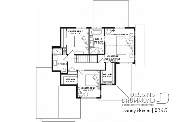 Étage - Plan maison farmhouse, 3 chambres, garage, bureau, grande terrasse abritée, vestiaire, garde-manger - Sunny Haven