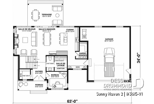Rez-de-chaussée - Plan de maison Farmhouse à étage, 3 chambres, 2.5 s.bain, bureau, garage double, terrasse abritée - Sunny Haven 2