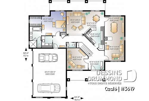 Rez-de-chaussée - Plan de maison style Floride, 6 chambres, 5 salles de bain, 2 salons, foyer, grande cuisine, garage 3 voitures - Ozalé