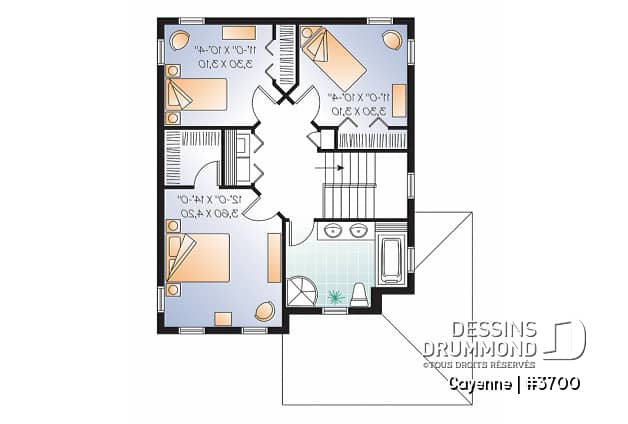 Étage - Plan de grande maison de 3 chambres,, foyer double face, îlot à la cuisine, walk-in dans la chambre parents - Cayenne