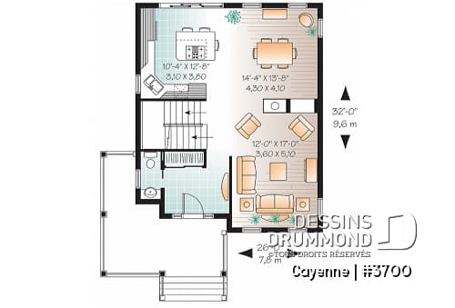 Rez-de-chaussée - Plan de grande maison de 3 chambres,, foyer double face, îlot à la cuisine, walk-in dans la chambre parents - Cayenne