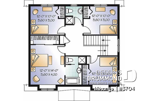 Étage - Plan de maison avec 4 chambres, bureau, style Cape Cod, belle galerie avant - Mésange 