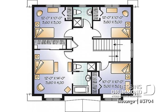 Étage - Plan de maison avec 4 chambres, bureau, style Cape Cod, belle galerie avant - Mésange 