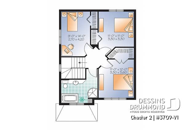 Étage - Plan de maison idéale pour terrain étroit, 2 étages, 3 chambres, petit bar à café, grande s.bain familiale - Chester 2