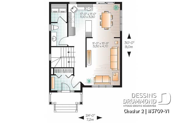 Rez-de-chaussée - Plan de maison idéale pour terrain étroit, 2 étages, 3 chambres, petit bar à café, grande s.bain familiale - Chester 2