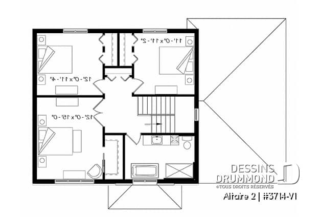 Étage - Plan de cottage contemporain avec garage, 3 chambres, grande cuisine, foyer, buanderie au r-d-c - Altaire 2