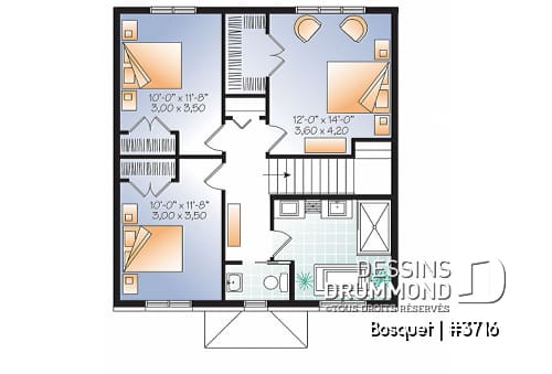 Étage - Plan de maison de style anglais, 3 chambres et bureau fermé, maison à aire ouverte - Bosquet