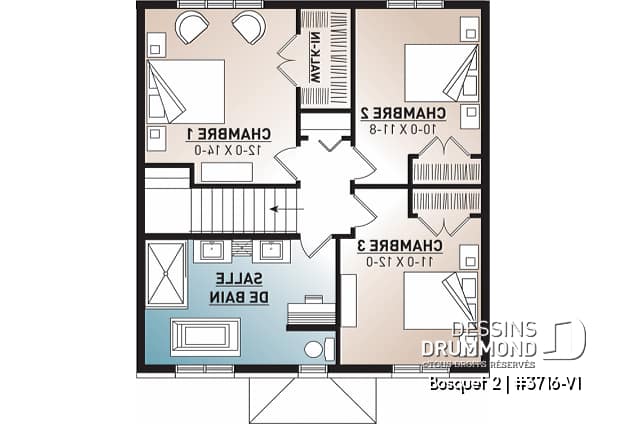 Étage - Plan de maison de style transitionnel, 3 à 4 chambres, buanderie, grand îlot, aire ouverte, vestibule fermé - Bosquet 2