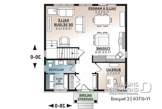Rez-de-chaussée - Plan de maison de style transitionnel, 3 à 4 chambres, buanderie, grand îlot, aire ouverte, vestibule fermé - Bosquet 2