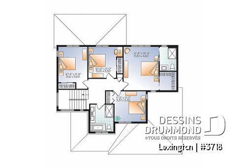 Étage - Plan de maison moderne rustique, garage double, 4 chambres, aire ouverte, foyer, terrasse abritée - Lexington