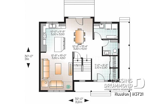 Rez-de-chaussée - Plan de maison style transitionnel, grand vestibule, buanderie, grand îlot, 3 chambres, galerie 2 faces - Houston