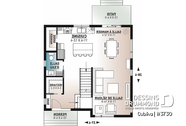 Rez-de-chaussée - Plan de petite maison contemporaine 2 étages, 3 chambres, salle de lavage à l'étage, garde-manger - Cubika