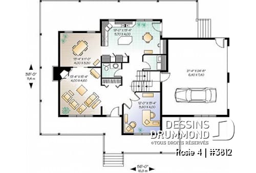 Rez-de-chaussée - Plan de maison champêtre américaine, 3 à 4 chambres, balcon arrière habrité, bureau - Rosie 4