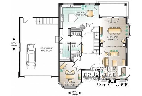Rez-de-chaussée - Plan de maison luxueuse, style Manoir avec mezzanine, 4 chambres + espace boni, garage double - Darmot