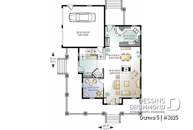 Rez-de-chaussée - Plan de maison 3 chambres, grande galerie couverte à l'avant, garage double, mezzanine, plafond 9' - Darma 5